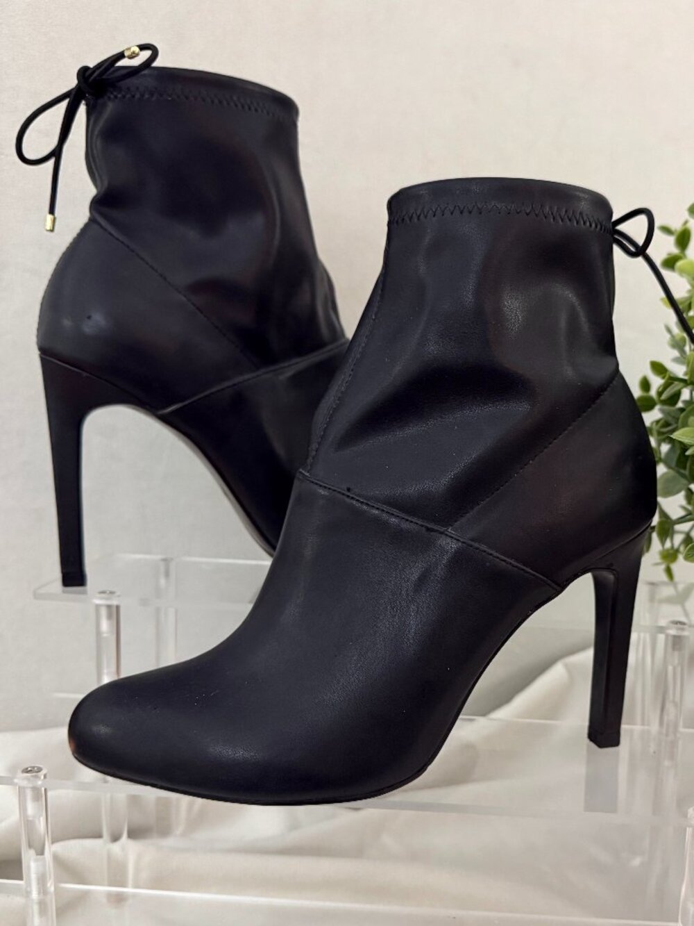 Zara Black Leather Drawstring Stiletto Ankle Boots Size 7